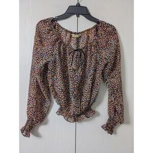 Atmosphere Women Black Pink Floral V-neck Long Sleeve Elastic Hem Blouse Size 38